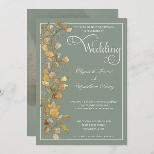 Botanische Leaves Jade Foto Monogram Weddenschap U Kaart (Voorkant / Achterkant)