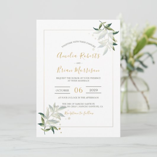 Botanische legant Greenery in Gold Floral Wedding  Kaart (Staand voorkant)