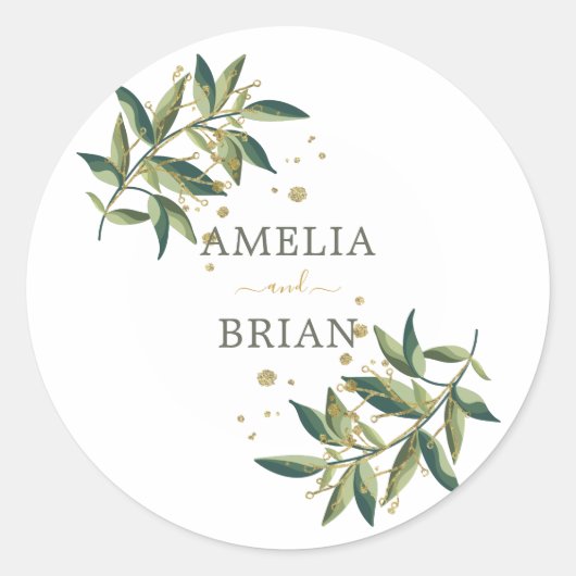 Botanische legant Greenery in Gold Floral Wedding Ronde Sticker (Voorkant)