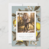  botanische Lemon Wedding Dusty Blue foto Save The Date (Voorkant)
