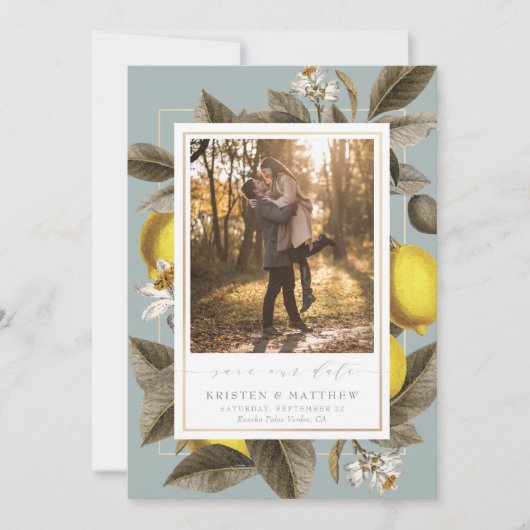  botanische Lemon Wedding Dusty Blue foto Save The Date (Voorkant)