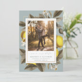  botanische Lemon Wedding Dusty Blue foto Save The Date (Staand voorkant)