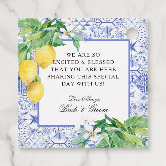 Botanische Lemon Wreath Blue White Farmhouse Tegel Bedankjes Labels (Achterkant)