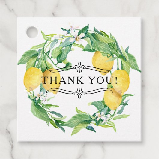 Botanische Lemon Wreath Blue White Farmhouse Tegel Bedankjes Labels (Voorkant)