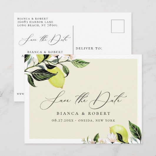 Botanische Lemons Wedding Save the Date Aankondigingskaart (Voorkant / Achterkant)