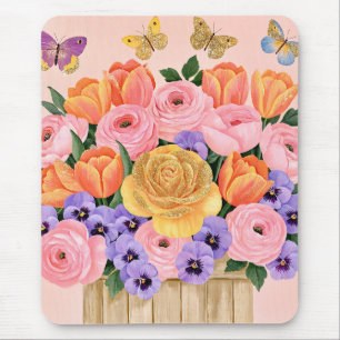 Botanische Lente Bloemen Boeket Vlinders Muismat