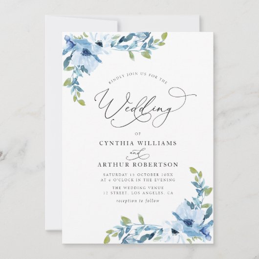 Botanische Lichtblauwe waterverf Bloemenbruiloft Kaart (Voorkant)