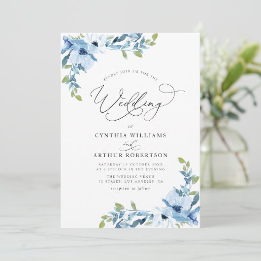 Botanische Lichtblauwe waterverf Bloemenbruiloft Kaart (Staand voorkant)