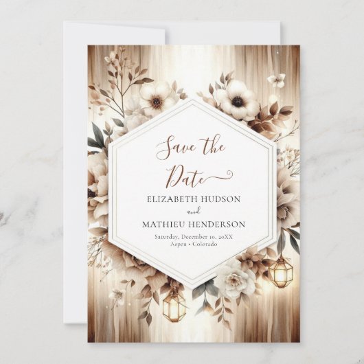 Botanische lichten rustieke bruiloft save the date (Voorkant)