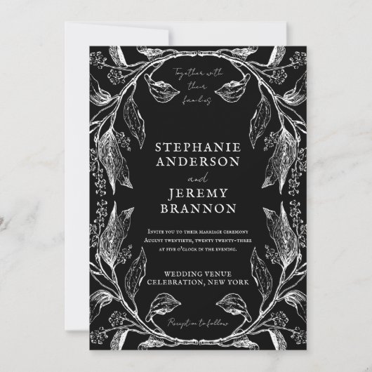 Botanische lijn Art Lijst Black Uitnodiging (Voorkant)