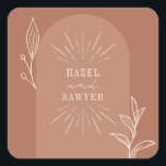 Botanische lijn Kunstschrift Terracotta Wedding Vierkante Sticker<br><div class="desc">Eenvoudige lijnkunst met manuscript,  de namen van het paar over terracotta achtergrond met boog.</div>