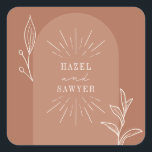 Botanische lijn Kunstschrift Terracotta Wedding Vierkante Sticker<br><div class="desc">Eenvoudige lijnkunst met manuscript,  de namen van het paar over terracotta achtergrond met boog.</div>