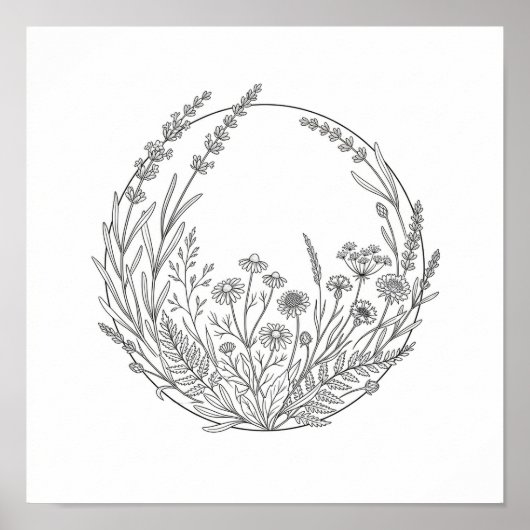 Botanische Lijnkunst Cirkel Kader Vierkante Poster (Voorkant)