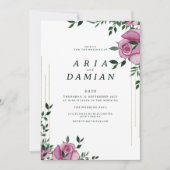 Botanische lila groen gouden roos bloemenbruiloft kaart (Voorkant)