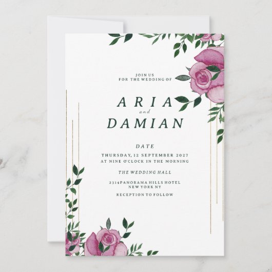 Botanische lila groen gouden roos bloemenbruiloft kaart (Voorkant)