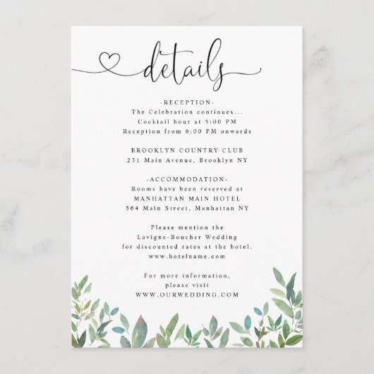 Botanische loof groen hart bruiloft details informatiekaartje (Voorkant)