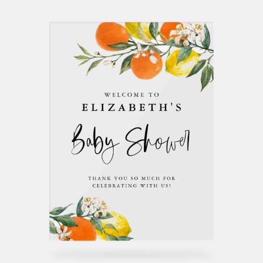 Botanische luiers en Sinaasappels zomerBaby shower Acryl Bord (Voorkant)
