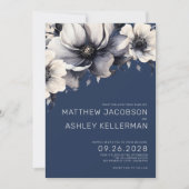 Botanische Marine Blauw Bloemen Bruiloft Kaart (Voorkant)