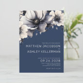 Botanische Marine Blauw Bloemen Bruiloft Kaart (Staand voorkant)