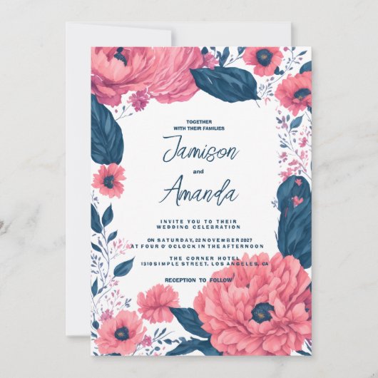 Botanische marine blauw roze waterverf bloemen bru kaart (Voorkant)