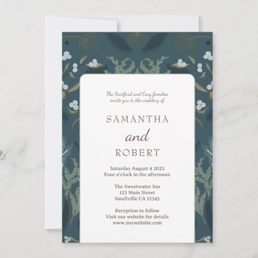 Botanische Marine Blauw Wit Winter Bruiloft Kaart (Voorkant)