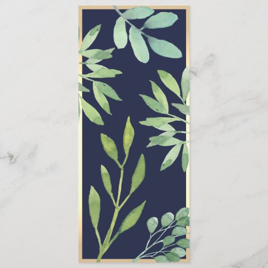 Botanische Marine Blauwe bruiloft Menu (Achterkant)