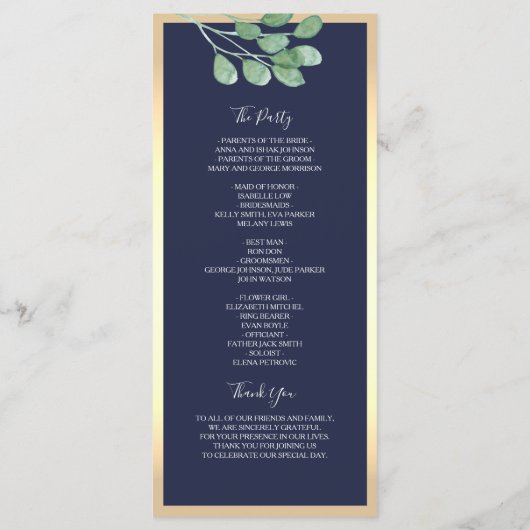 Botanische Marine Blauwe bruiloft Programmakaart (Achterkant)
