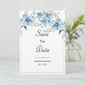 Botanische marine blauwe mint bloemen Save The Dat Kaart (Staand voorkant)