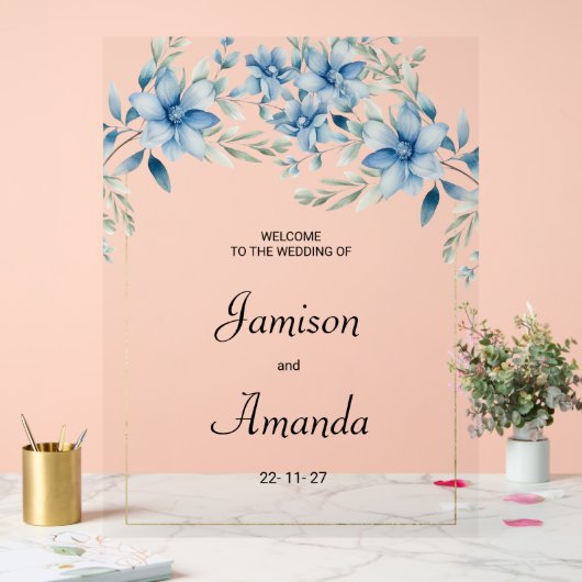 Botanische marine blauwe munt bloemenbruiloft acryl bord (Huwelijk)