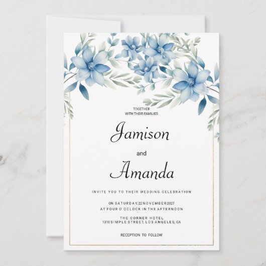 Botanische marine blauwe munt bloemenbruiloft kaart (Voorkant)