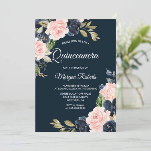 Botanische marine & Blush Floral Quinceanera Party Kaart (Staand voorkant)