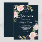 Botanische marine & Blush Floral Quinceanera Party Kaart (Voorkant / Achterkant)