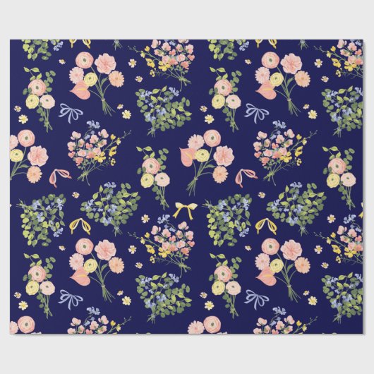  Botanische Marine Blush Roze Bloemen Elegant Cadeaupapier (Vlak)