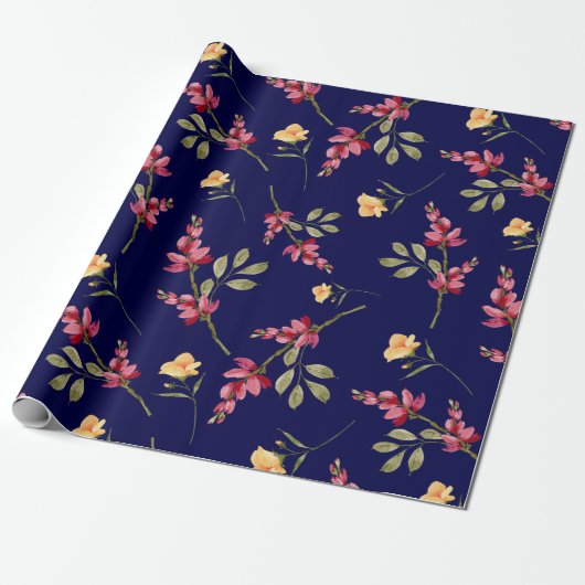  Botanische Marine Blush Roze Bloemen Elegant Cadeaupapier (Uitgerold)