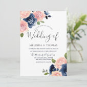 Botanische marine en blush Flowers Elegant Wedding Kaart (Staand voorkant)