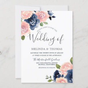Botanische marine en blush Flowers Elegant Wedding Kaart