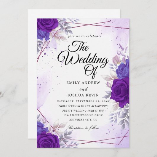 botanische marine en paarse bruiloft kaart (Voorkant / Achterkant)