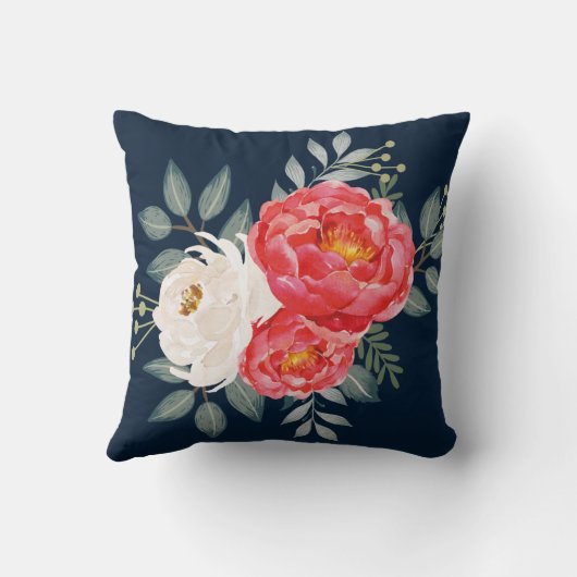 Botanische marine, roodroodbloem en eihout kussen (Achterkant)