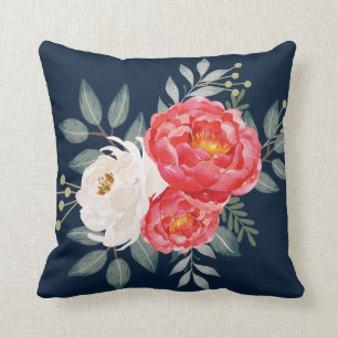 Botanische marine, roodroodbloem en eihout kussen