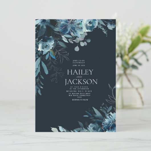 Botanische marineblauw blauwgroen waterverf bloeme kaart (Staand voorkant)