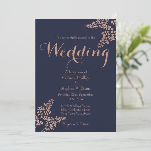 Botanische marineblauw en Roos gouden bruiloft Kaart (Staand voorkant)