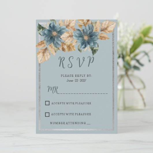 Botanische mauve blauw bruin zilver bloemen RSVP Kaart (Staand voorkant)