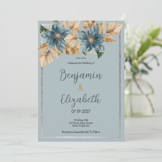 Botanische mauve blauw bruin zilver bloemenbruilof kaart (Staand voorkant)