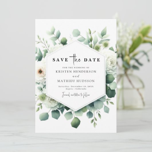 Botanische minimalistische eucalyptus digitale bru save the date (Staand voorkant)