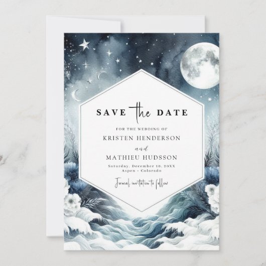 Botanische minimalistische maanverlichte bruiloft save the date (Voorkant)