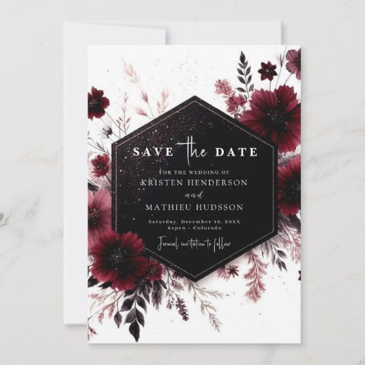 Botanische moderne Bourgogne bruiloft Save The Date (Voorkant)