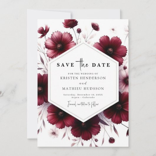 Botanische moderne Bourgogne bruiloft Save The Date (Voorkant)