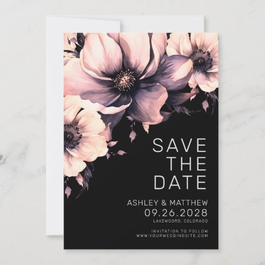 Botanische Moderne Elegante Zwart Roze Bloemen Huw Save The Date (Voorkant)
