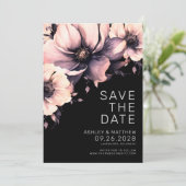 Botanische Moderne Elegante Zwart Roze Bloemen Huw Save The Date (Staand voorkant)
