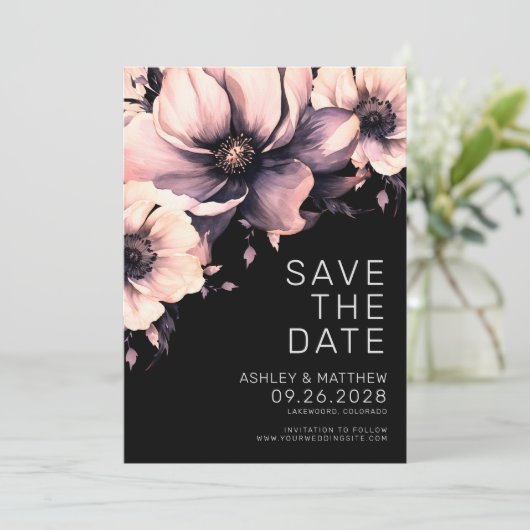 Botanische Moderne Elegante Zwart Roze Bloemen Huw Save The Date (Staand voorkant)